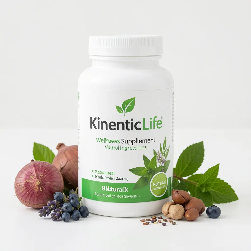 KineticLife wellness supplement bottle with natural ingredients displayed on a clean white surface